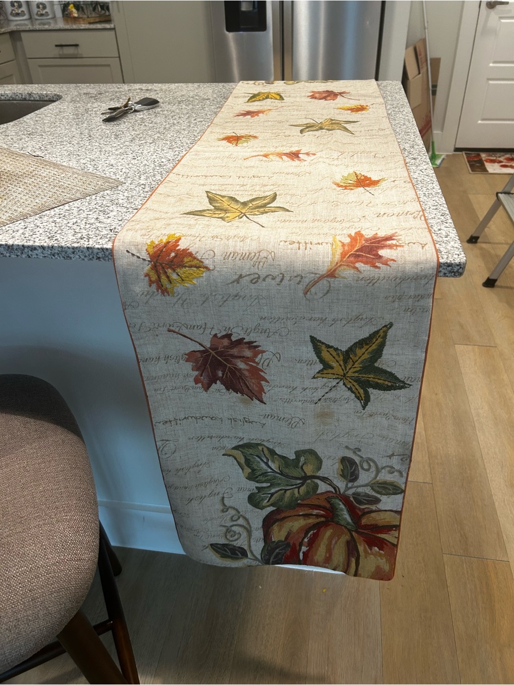 Autumn Leaf Table Runner - Neutral Beige with Orange & Green Accents